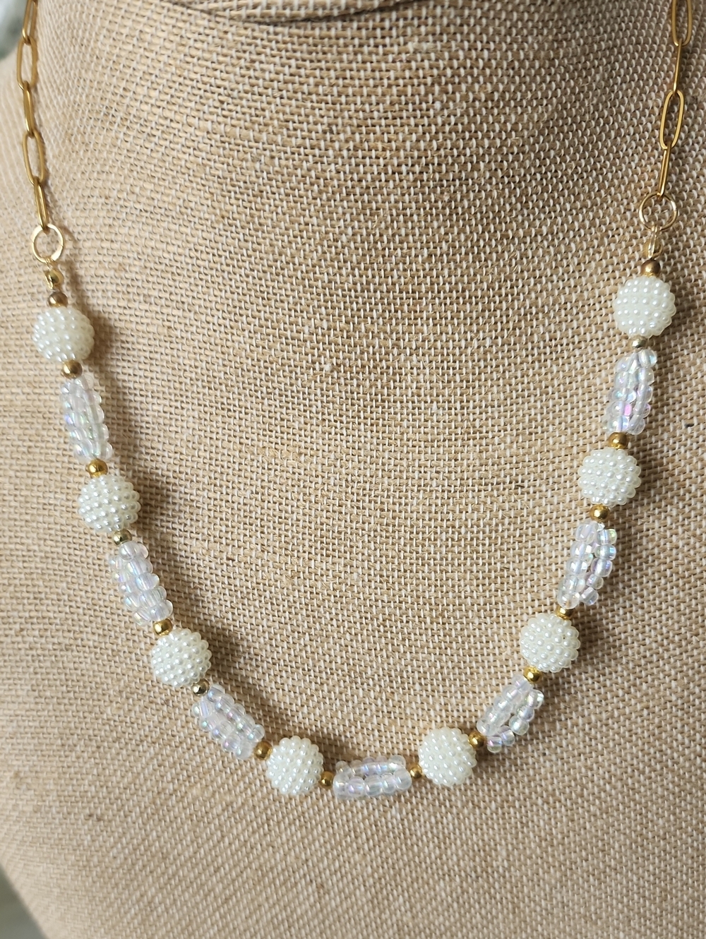 Pearl-Effect White Beaded Necklace with Gold Accents